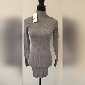 ZARA Ribbed Knit Mock Neck Dress Top Gray Size M NWT
